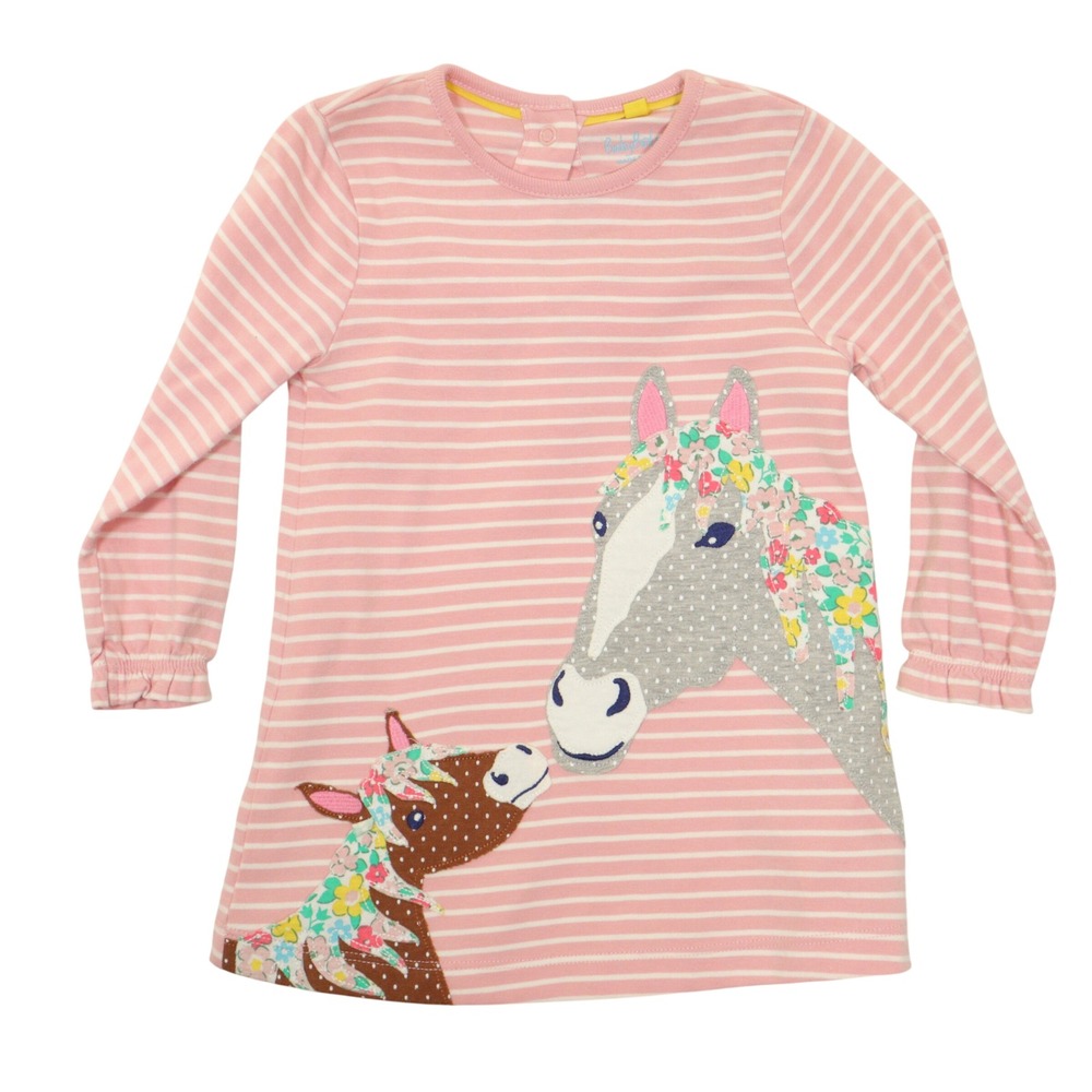Baby Boden Horse Tunic Dress Girls 12-18M Striped Floral Applique Pink Cotton